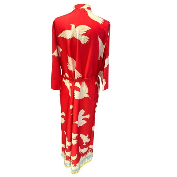 Red Long-Sleeve Bird Print Maxi Dress By Modaposa Button-Front With Tie Waist Wo - Picture 3 of 10